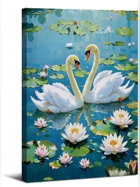 NWT White Swan Pair Canvas Art - Serene Lily Pond 12"x16"